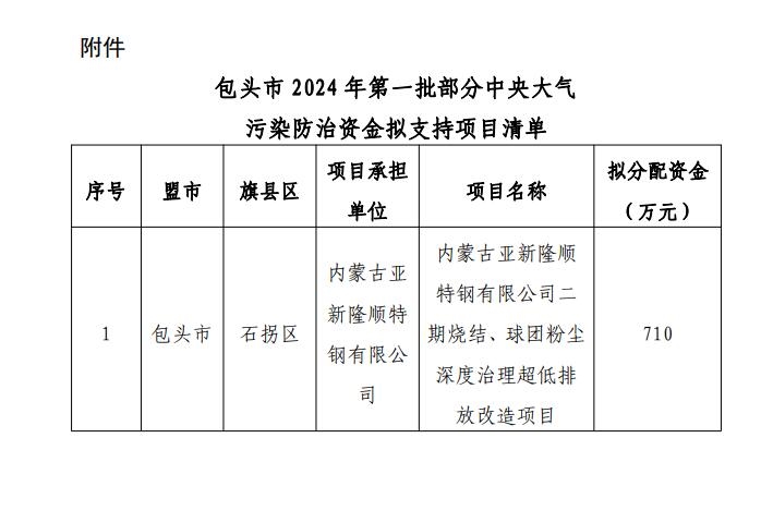 包頭市2024年第一批部分中央大氣污染防治資金擬支持項目公示