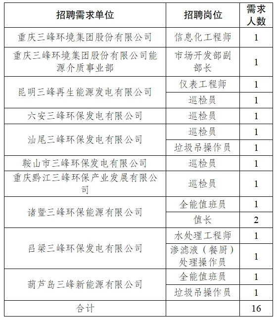 副部長、巡檢員、水處理工程師……重慶三峰環(huán)境集團(tuán)公開招聘
