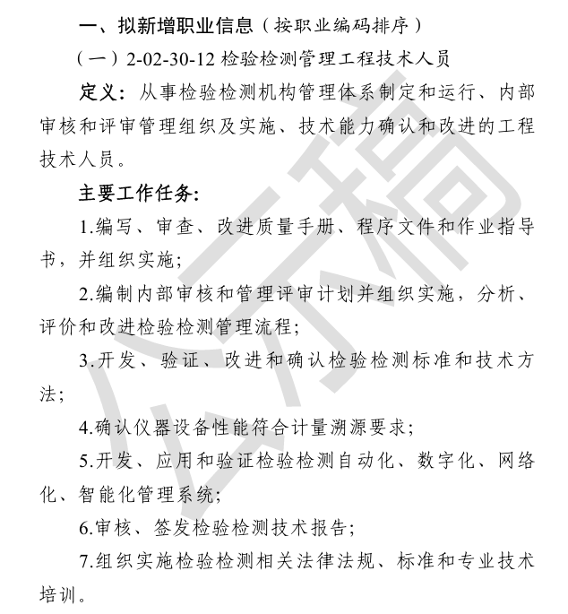 人社部公示新職業(yè)！“檢驗檢測管理工程技術(shù)人員”上榜