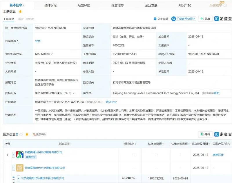高能環(huán)境等在新疆投資成立環(huán)境技術服務公司